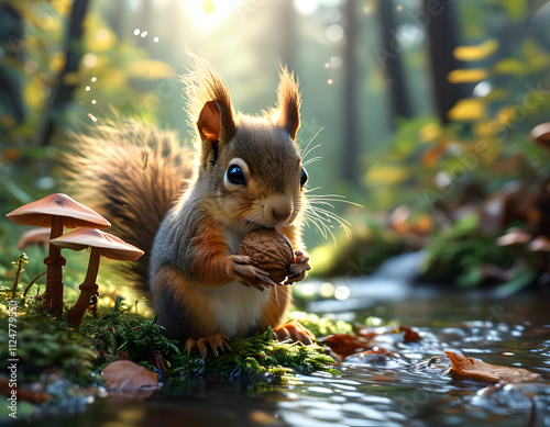 Squirrel with a Nut in the Forest