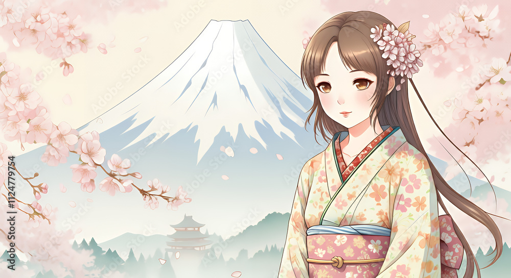A delicate portrayal of Konohanasakuya-hime, goddess of cherry blossoms, in a floral kimono with Mount Fuji in the background, symbolizing natural beauty. A delicate portrayal of Konohanasakuya-hime, goddess of cherry blossoms, in a floral kimono with Mount Fuji in the background, symbolizing natural beauty.