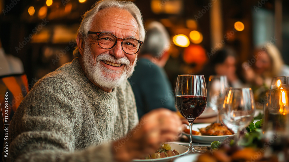 Senior man enjoying meal at cozy restaurant, smiling with wine glass, celebrating with friends in warm ambiance, relaxation, social connection, and elegant dining experience Senior man enjoying meal at cozy restaurant, smiling with wine glass, celebrating with friends in warm ambiance, relaxation, social connection, and elegant dining experience