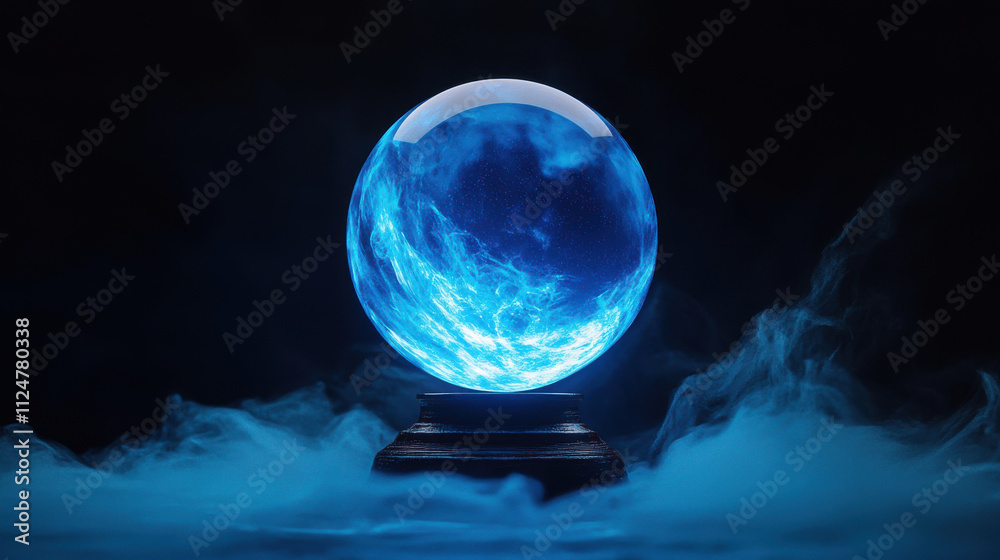 Mystical Blue Crystal Ball: A mystical blue crystal ball emits an ethereal glow, surrounded by swirling smoke, against a stark black background.  The image evokes a sense of mystery, fortune-telling.