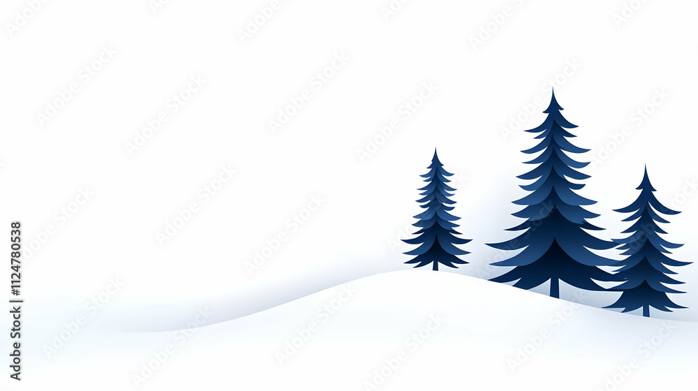 Obraz premium Winter landscape, snowy scene, blue pine trees, minimalist design, white background