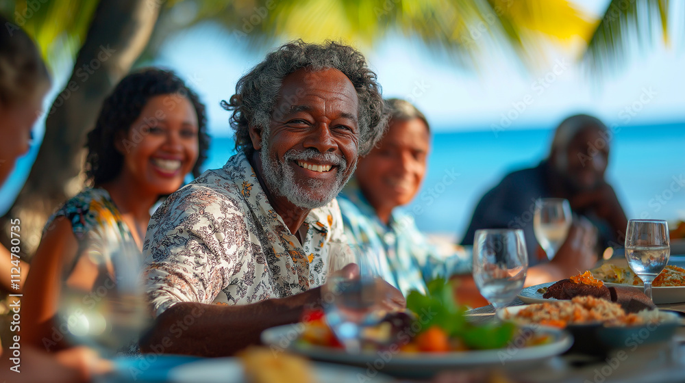 Senior man smiling at beachside gathering, wearing straw hat, enjoying vacation with friends and family, tropical setting, happiness, relaxation, and celebration outdoors Senior man smiling at beachside gathering, wearing straw hat, enjoying vacation with friends and family, tropical setting, happiness, relaxation, and celebration outdoors