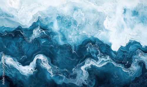 Abstract ocean waves, swirling blue and white patterns, fluid art, textured surface, vibrant colors