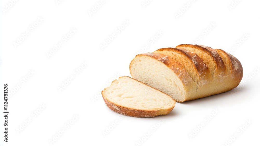 Freshly Baked Loaf of Artisan White Bread with Perfectly Sliced Portion on White Background for Culinary, Baking, and Food Photography Needs Freshly Baked Loaf of Artisan White Bread with Perfectly Sliced Portion on White Background for Culinary, Baking, and Food Photography Needs