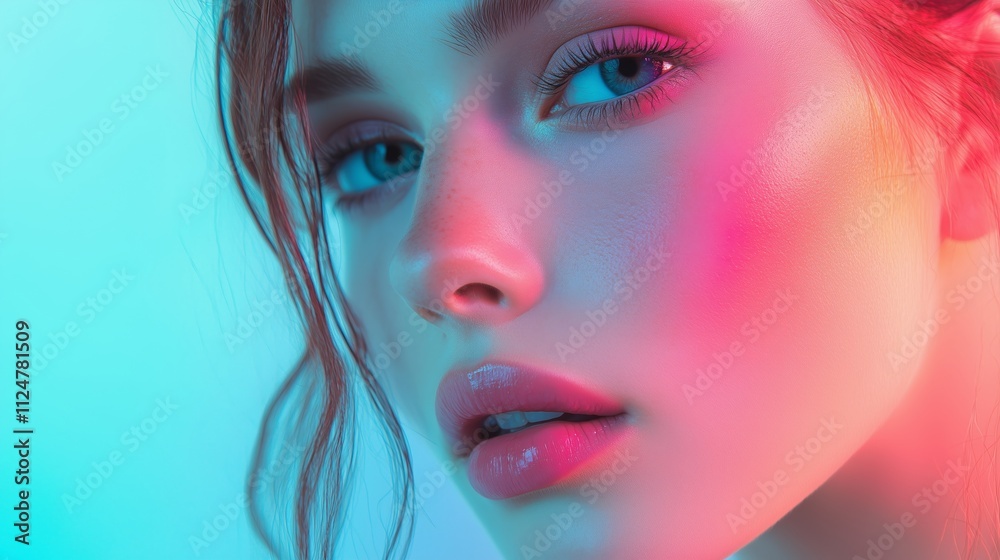 Close-up of a model with vibrant lighting showcasing beauty and striking features in a colorful artistic setting Close-up of a model with vibrant lighting showcasing beauty and striking features in a colorful artistic setting