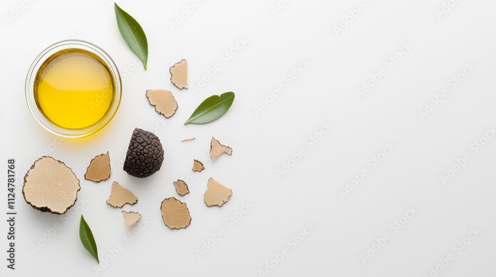Organic Truffle Oil in Glass Bowl Surrounded by Truffle Shells and Leaves on White Background for Gourmet Cooking and Culinary Arts Organic Truffle Oil in Glass Bowl Surrounded by Truffle Shells and Leaves on White Background for Gourmet Cooking and Culinary Arts