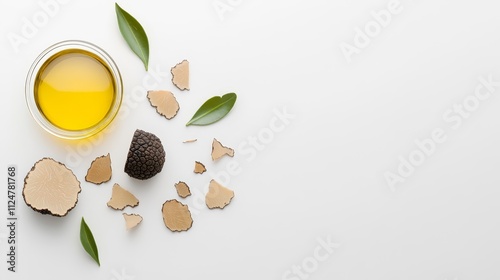 Organic Truffle Oil in Glass Bowl Surrounded by Truffle Shells and Leaves on White Background for Gourmet Cooking and Culinary Arts