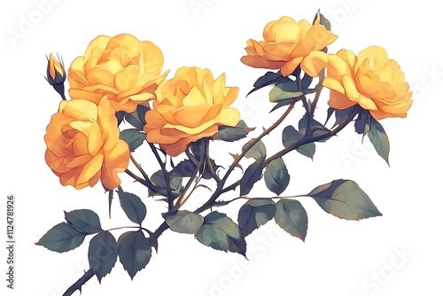 Blooming yellow roses with thorns and green leaves, isolated on a white background