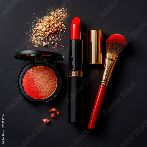 Luxurious makeup set featuring lipsticks, powder, and brush on a isolated background for beauty and cosmetics concept photo