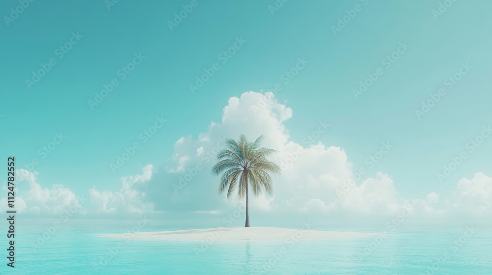 Fototapeta premium Serene tropical island with lone palm tree surrounded by turquoise water and fluffy clouds under a clear sky, evoking peace and wanderlust for travel enthusiasts