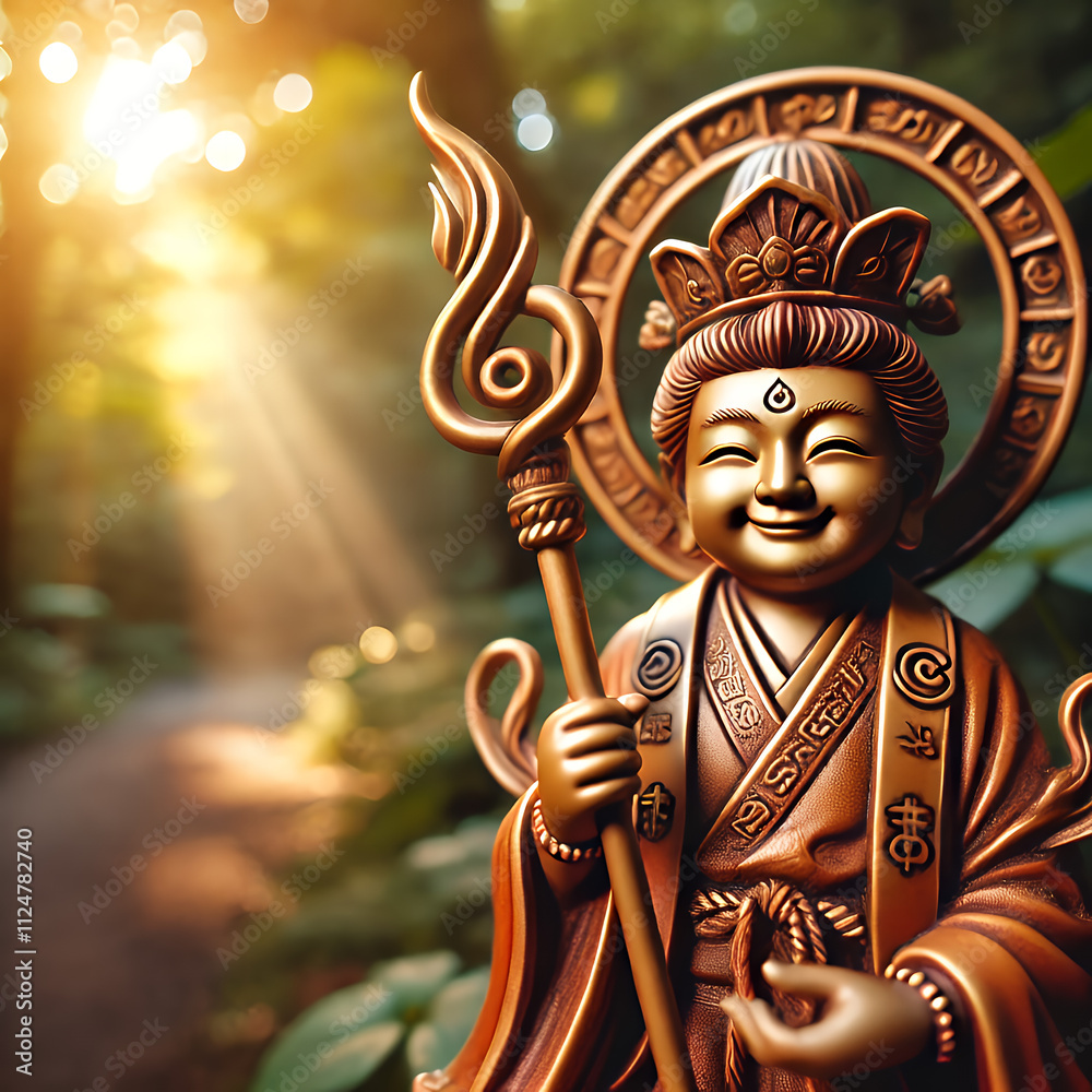 Obraz premium A portrayal of Sarutahiko, guardian deity of travelers, holding a staff, with a radiant path surrounded by nature, symbolizing guidance and safety.