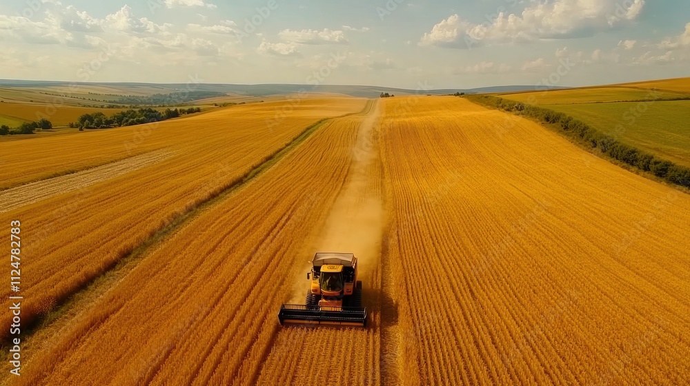 Aerial View of a Combine Harvester Working in a Golden Wheat Field Aerial View of a Combine Harvester Working in a Golden Wheat Field