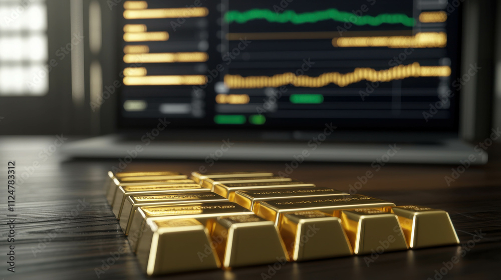 Modern Workspace Featuring Neatly Stacked Gold Bullion Bars and Financial Data Screen Modern Workspace Featuring Neatly Stacked Gold Bullion Bars and Financial Data Screen