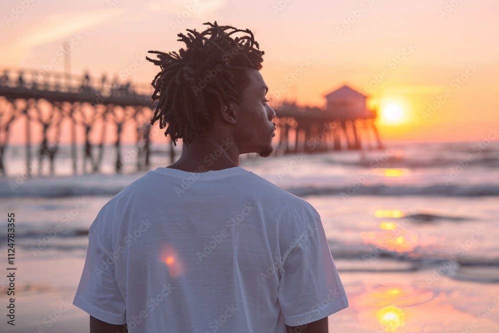 Fototapeta premium A young man stands on the beach, viewing a vibrant sunset behind a wooden pier. Gentle waves roll in as the sun casts a warm glow over the tranquil scene