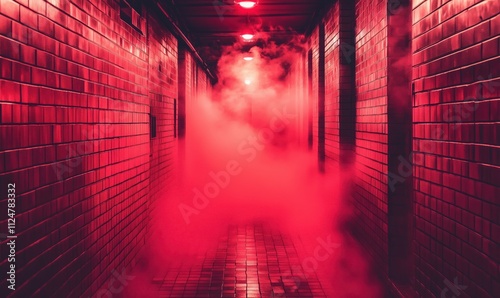 Mysterious red-lit hallway with fog, dimly lit corridor, tiled walls, atmospheric lighting, eerie ambiance photo