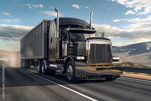 A black semi truck on the road