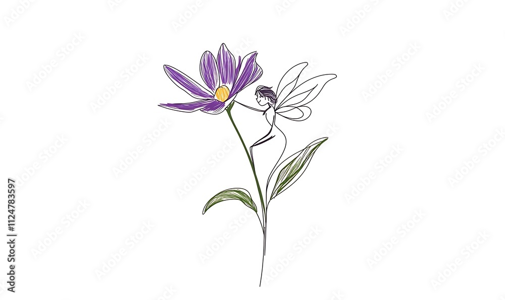 Single line drawing of purple flower with little fairy holding it, womens day background Single line drawing of purple flower with little fairy holding it, womens day background