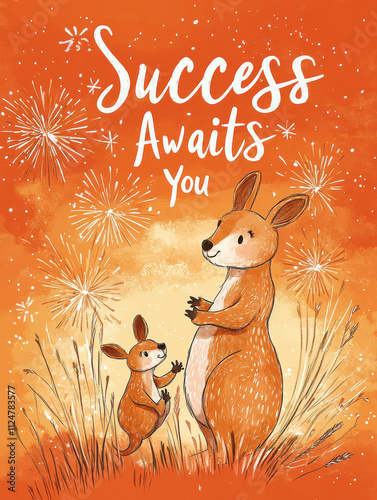 Charming New Year Illustrations with kangaroo with a baby joey, jumping with fireworks: Cute Holiday Designs for Cards, Wallpapers, T-Shirts, Posters & Decor photo