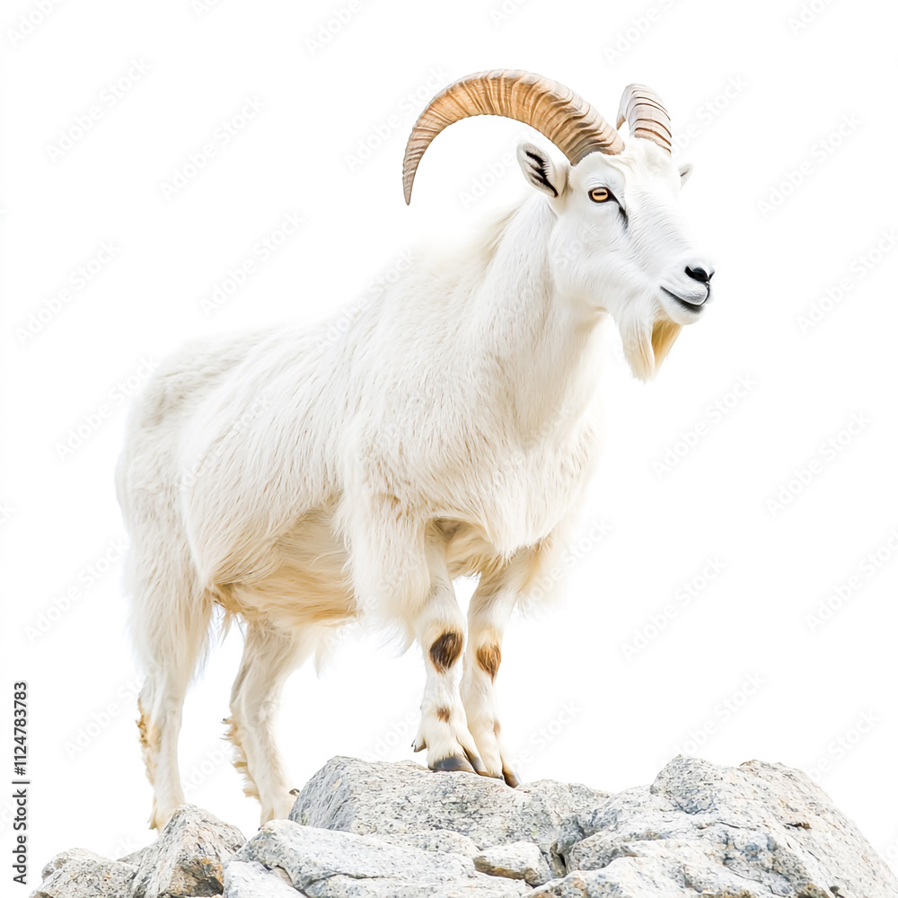 Majestic white mountain goat standing on rocky terrain with impressive curved horns Isolated on white background