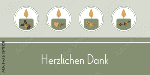 Herzlichen Dank  - Schriftzug in deutscher Sprache. Dankeskarte mit vier verzierten Kerzen in Grün, Gold und Anthrazit.