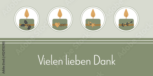Vielen lieben Dank - Schriftzug in deutscher Sprache. Dankeskarte mit vier verzierten Kerzen in Grün, Gold und Anthrazit.