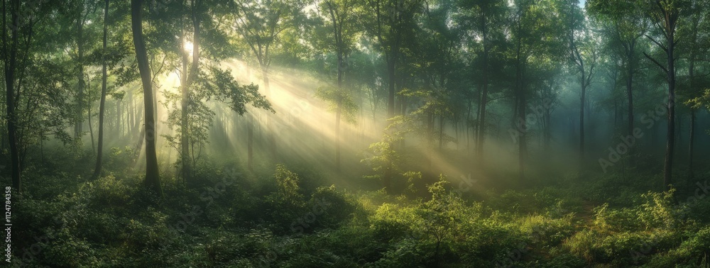 Obraz premium A forest with sunlight shining through the trees