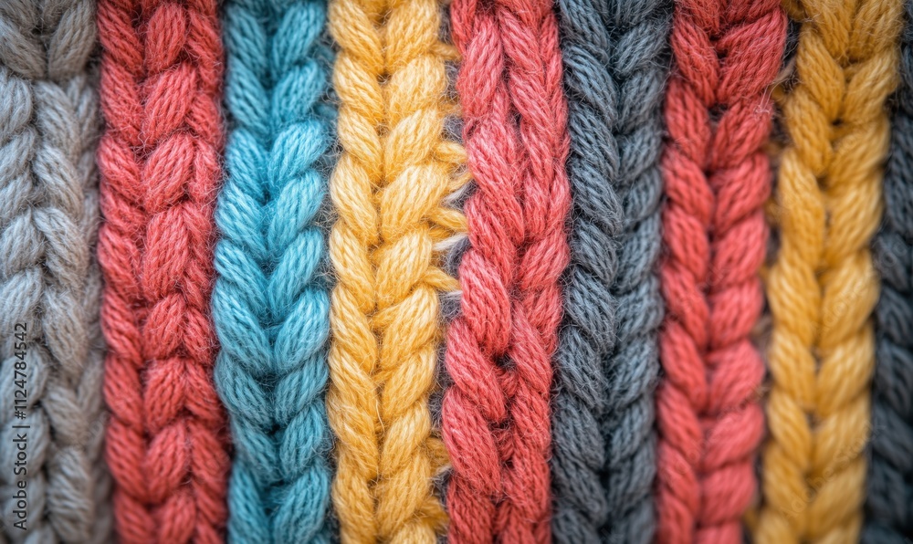 Colorful knitted fabric pattern, vibrant hues of blue, red, yellow, gray, and beige, showcasing intricate braiding technique Colorful knitted fabric pattern, vibrant hues of blue, red, yellow, gray, and beige, showcasing intricate braiding technique
