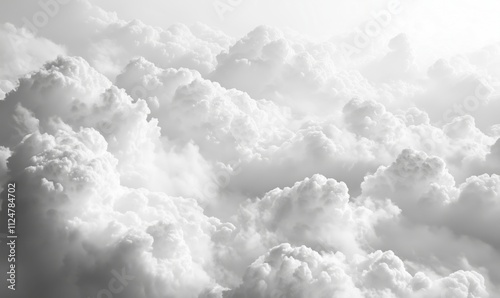 Fluffy white clouds in sky, soft texture, bright light, ethereal atmosphere