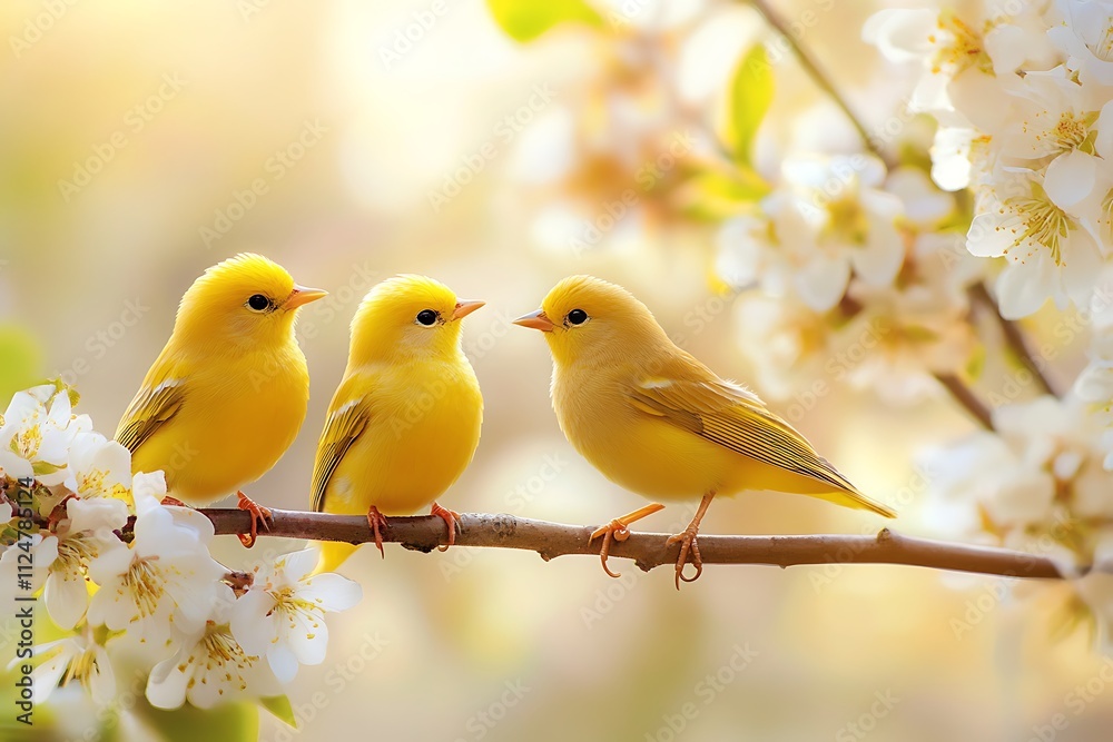 Fototapeta premium Three yellow birds are perching on a branch with white flowers, enjoying the warm spring sunlight