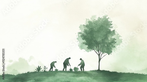 Green watercolor flat design featuring people planting trees in a serene natural landscape emphasizing social responsibility and environmental care