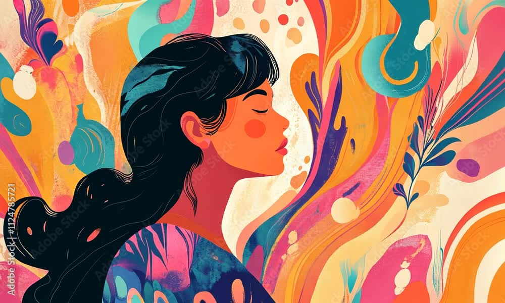 A vibrant illustration of a woman in profile surrounded by colorful, abstract patterns. A vibrant illustration of a woman in profile surrounded by colorful, abstract patterns.