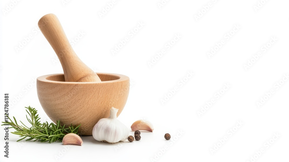 Wooden Mortar and Pestle with Fresh Garlic Cloves, Peppercorns, and Herbs on a White Background for Culinary and Healthy Cooking Concepts Wooden Mortar and Pestle with Fresh Garlic Cloves, Peppercorns, and Herbs on a White Background for Culinary and Healthy Cooking Concepts