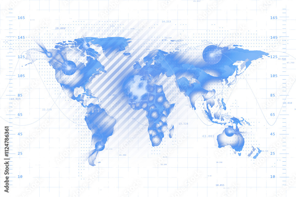 Abstract blue world map with holographic texture, white grid background, virtual tech-style design concept, futuristic global style. 3D Rendering. Abstract blue world map with holographic texture, white grid background, virtual tech-style design concept, futuristic global style. 3D Rendering.