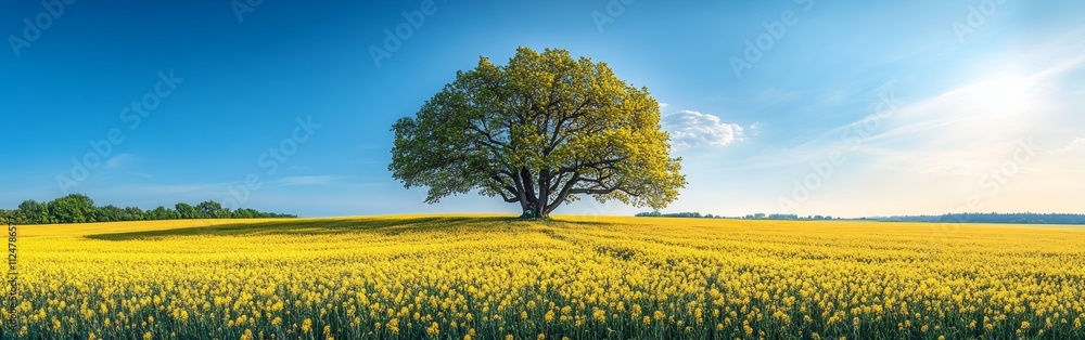 A tree stands in a field of yellow flowers A tree stands in a field of yellow flowers