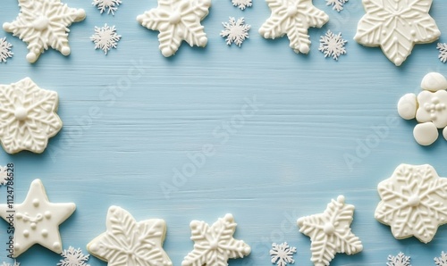 Winter-themed cookies and decorations, white snowflakes and stars arranged on blue wooden background, festive holiday atmosphere