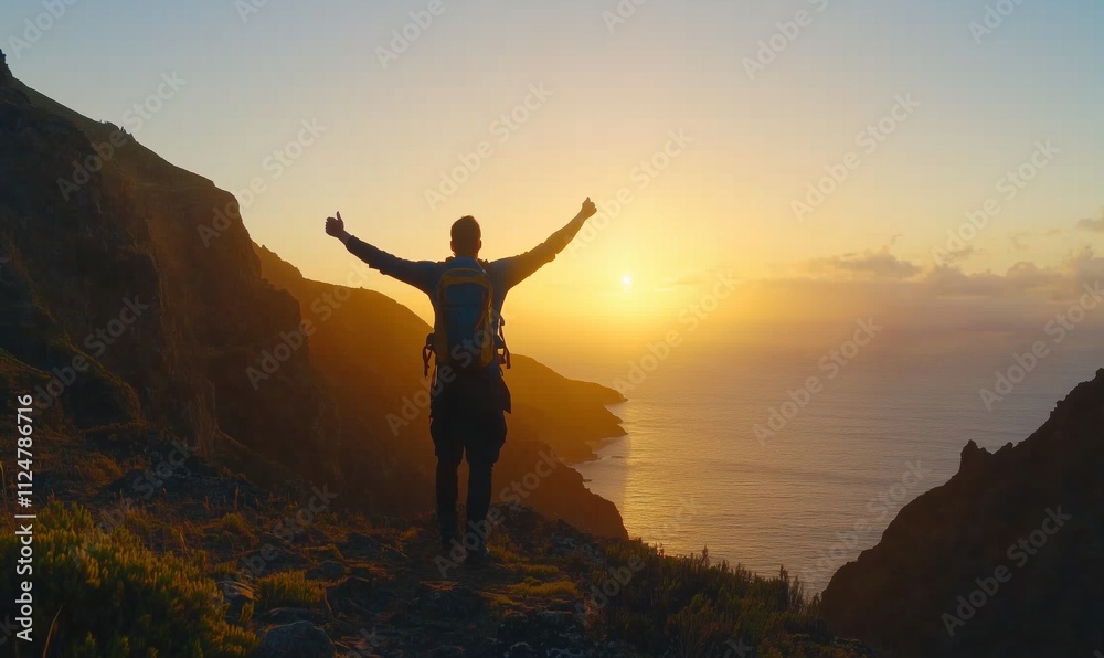 Fototapeta premium Hiker celebrating sunset view over ocean, mountain landscape, vibrant colors, silhouette