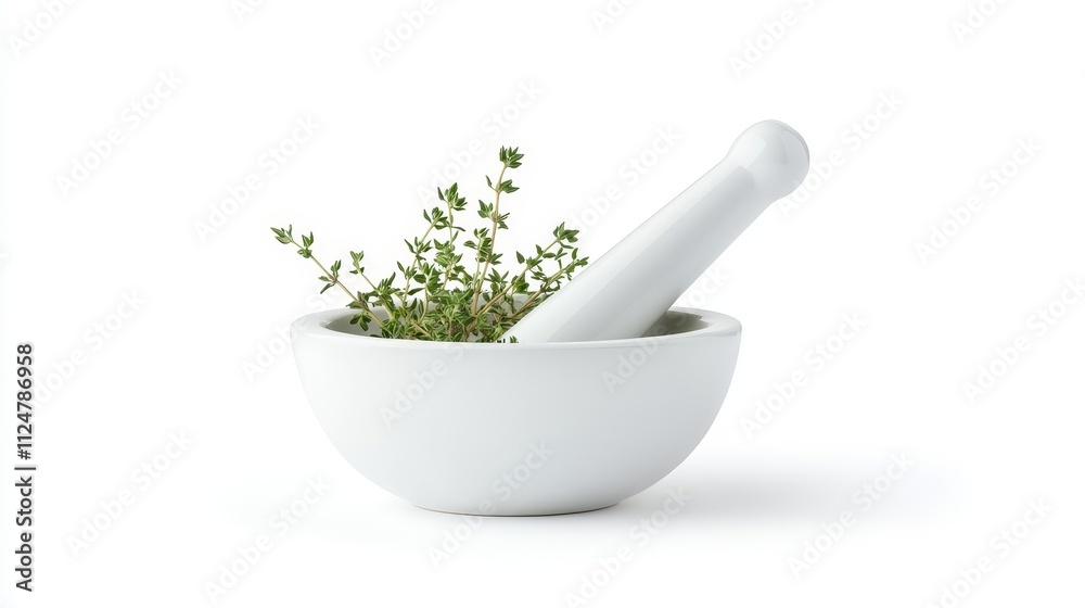 Fresh Thyme Sprigs in a White Ceramic Mortar and Pestle on a Clean White Background Perfect for Culinary and Herbal Medicine Themes Fresh Thyme Sprigs in a White Ceramic Mortar and Pestle on a Clean White Background Perfect for Culinary and Herbal Medicine Themes