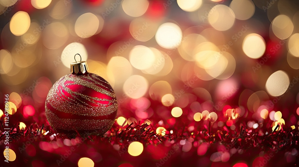 Happy Holiday New Year red abstract: Defocused red and gold bokeh lights create a soft, dreamy holiday ambiance, perfect for New Year's celebrations and seasonal greetings.