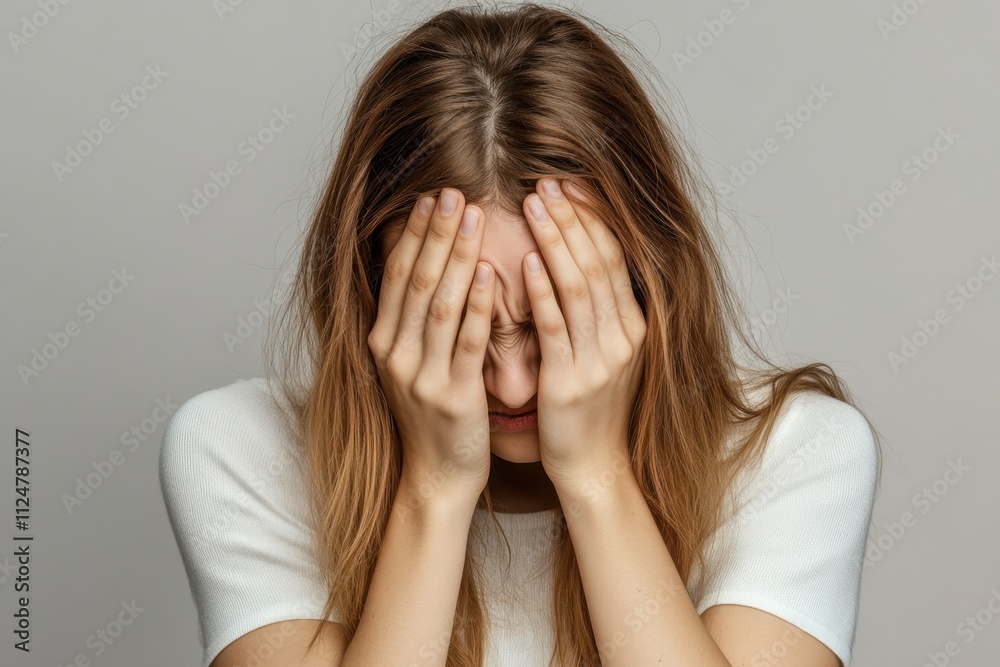Young woman covering her face with hands in a moment of distress in neutral background Young woman covering her face with hands in a moment of distress in neutral background