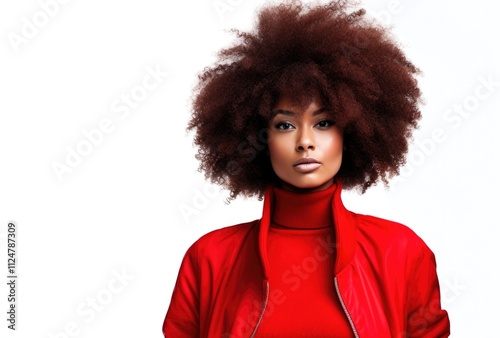 Beauty portrait of African American girl in stylish red clothes on white background. Smiling dreamy beautiful girl with afro hightail. Curly black hair photo