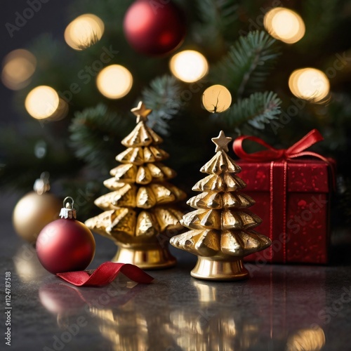 The image is a festive still life with a holiday theme, featuring a dark, blurred background with a bokeh effect. In the foreground is a smooth, reflective surface with scattered white spots that rese photo