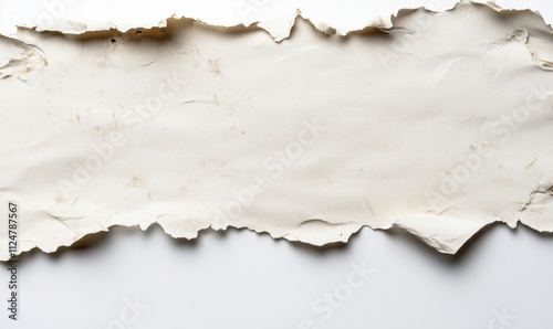 Torn paper texture, aged and wrinkled, featuring irregular edges and subtle stains, ideal for backgrounds or artistic projects.