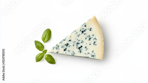 Savory Slice of Blue Cheese with Fresh Basil Leaves on a Clean White Background Ideal for Culinary and Gourmet Food Themes