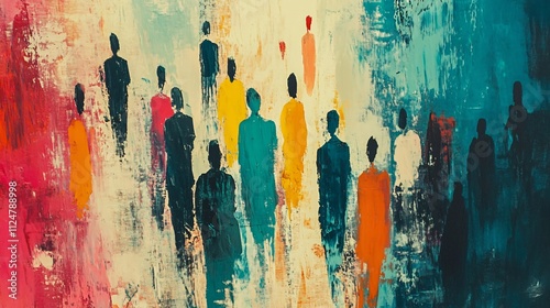 Colorful crowd walking forward in abstract painting