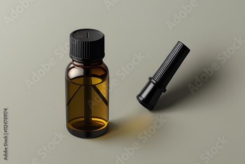 Laboratory Setting with Amber Glass and Transparent Glass Dropper Bottles on Reflective Surface