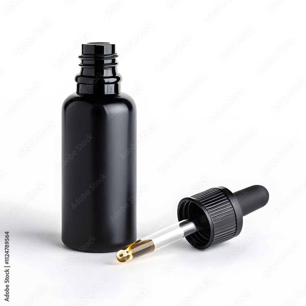 Laboratory Setting with Amber Glass and Transparent Glass Dropper Bottles on Reflective Surface Laboratory Setting with Amber Glass and Transparent Glass Dropper Bottles on Reflective Surface