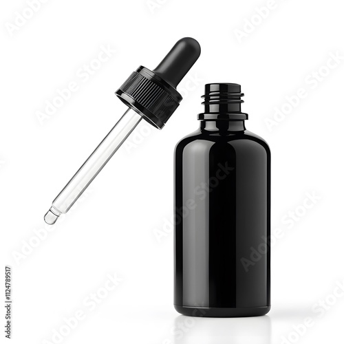 Laboratory Setting with Amber Glass and Transparent Glass Dropper Bottles on Reflective Surface