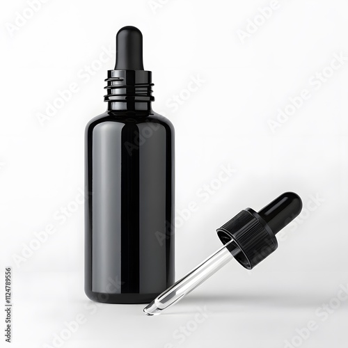 Laboratory Setting with Amber Glass and Transparent Glass Dropper Bottles on Reflective Surface