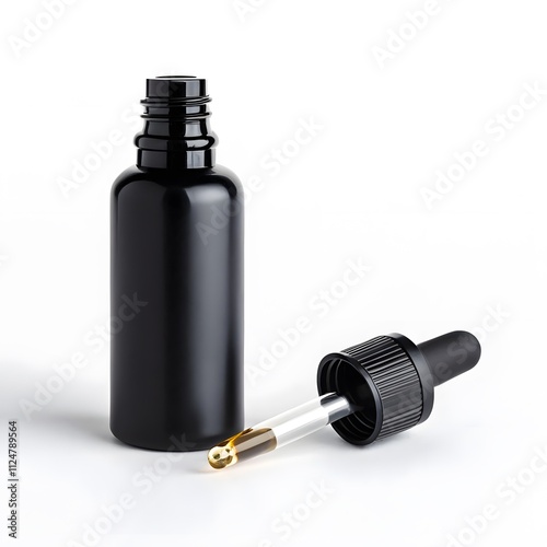 Laboratory Setting with Amber Glass and Transparent Glass Dropper Bottles on Reflective Surface