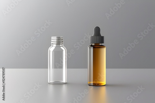  Laboratory Setting with Amber Glass and Transparent Glass Dropper Bottles on Reflective Surface
